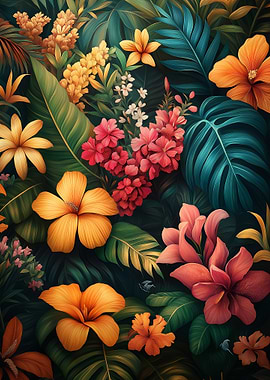 Tropical Flowers and Leaves Pattern