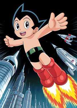 Astro Boy flying over futuristic city