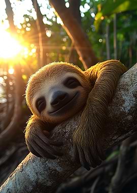 Smiling Sloth on Branch in Sunlight