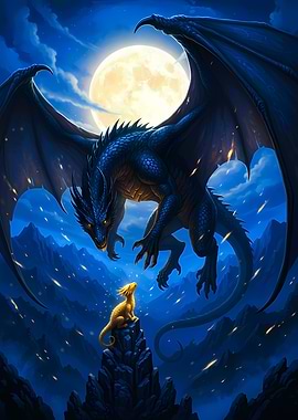 Dragon and Dragonling under Moonlight