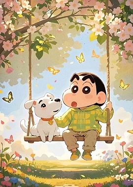 Shinchan and Shiro on a swing