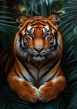 Majestic Tiger Portrait in Lush Foliage