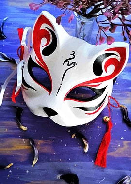 Kitsune Mask with Floral Arrangement