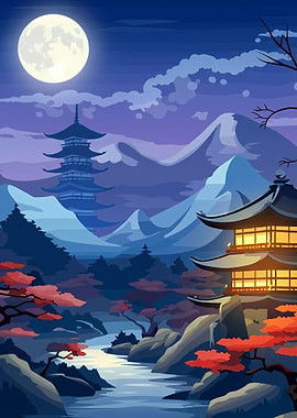 Japanese Landscape with Pagodas and Moon
