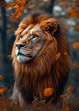 Majestic Lion Portrait with Autumn Leaves