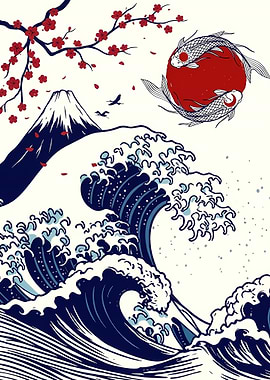 Japanese Wave with Koi and Mountain