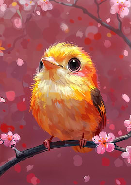 Cute Bird on Cherry Blossom Branch