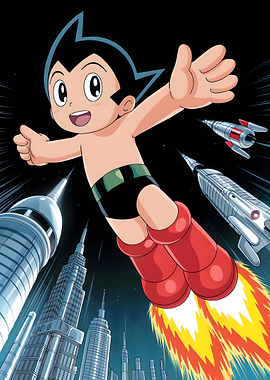 Astro Boy flying over futuristic city