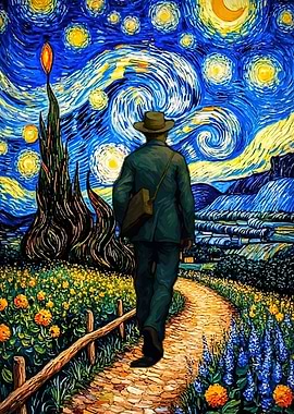 Man Walking in Starry Night Landscape