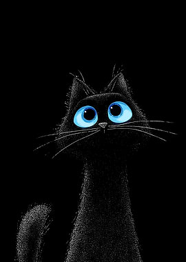Cartoon Black Cat with Blue Eyes