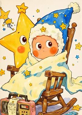 Baby in Starry Blanket and Hat