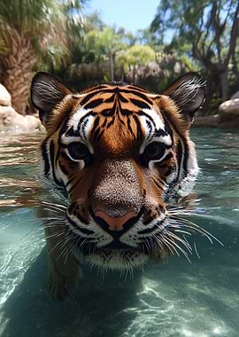 Tiger swimming in clear water