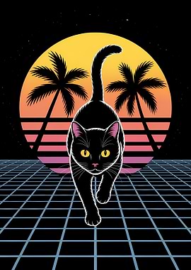 Retro Cat with Palm Trees