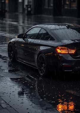 Black car in the rain