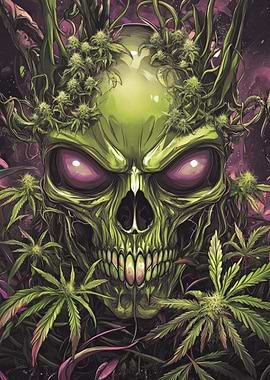 Green Skull with Cannabis Leaves