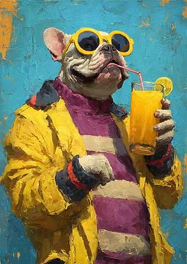 Dog with Sunglasses Drinking Juice