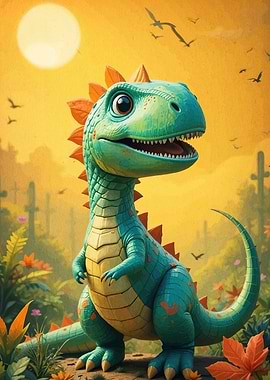 Cute Cartoon Dinosaur in Sunny Landscape
