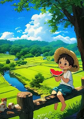 Girl with Watermelon in Rural Landscape