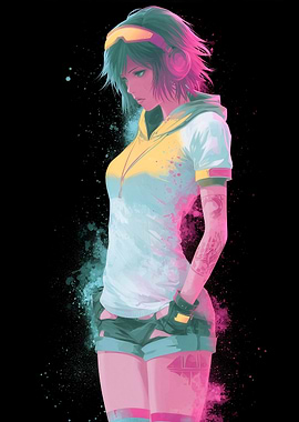 Anime Girl with Headphones and Tattoos