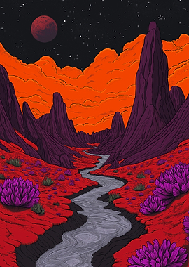 Surreal Alien Landscape with Red Moon
