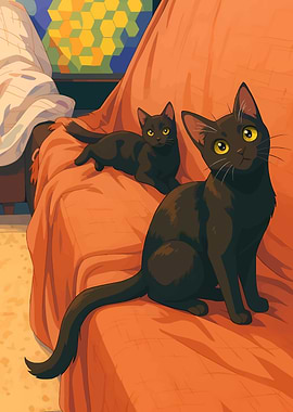 Two Black Cats on Orange Couch