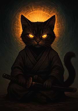 Samurai Cat with Sword and Halo