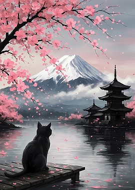 Black Cat Gazing at Japanese Landscape