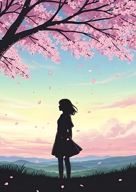 Silhouette Girl Under Cherry Blossom Tree