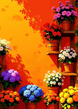 Colorful Potted Flowers on Orange Wall
