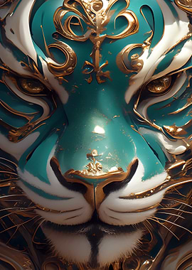 Ornate Teal and Gold Tiger Portrait