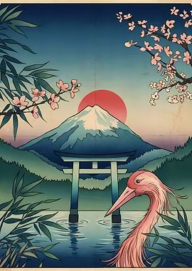 Japanese Landscape with Crane and Torii