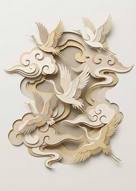 Paper Cut Cranes and Clouds Art