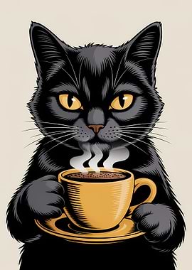 Black cat with coffee cup