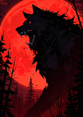 Werewolf Howling at the Red Moon