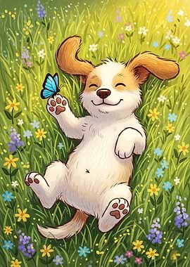 Happy Dog with Butterfly in Meadow