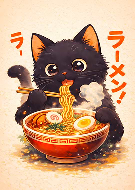 Black Cat Eating Ramen