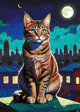 Cat on Rooftop, Cityscape Painting