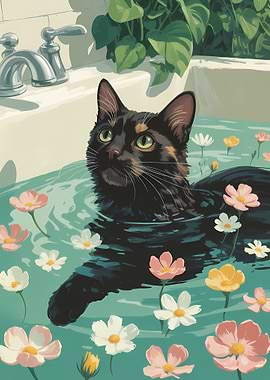 Cat in Floral Bathtub Illustration
