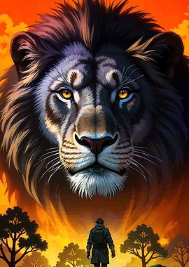 Lion and Man in Orange Landscape