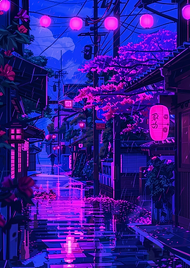Rainy Japanese Street with Lanterns