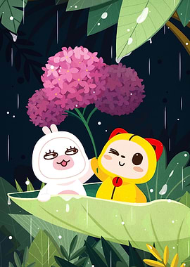 Cute Animals in Rain Cartoon Illustration