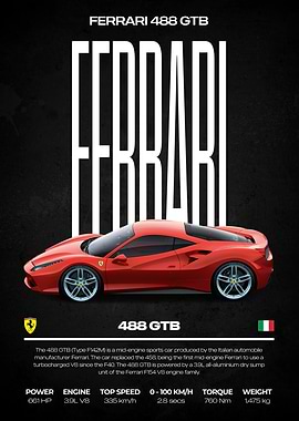 Ferrari 488 GTB Car Poster