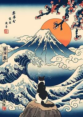 Cat gazing at Mount Fuji Ukiyo-e