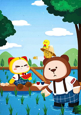 Cartoon Animals in Rice Field