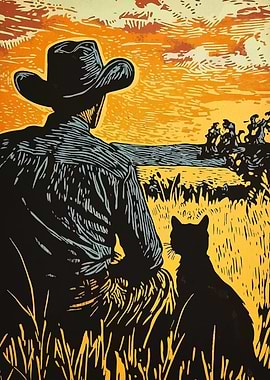Cowboy and Cat Linocut Print