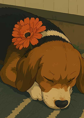 Sleeping Dog with Flower