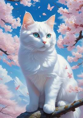 White Cat with Cherry Blossoms