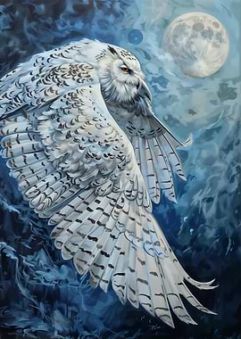 Snowy Owl Flight Under Moonlight Painting