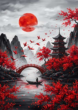 Japanese Landscape with Red Cranes