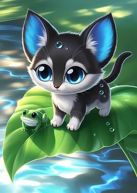 Cute Kitten and Frog on Lilypad